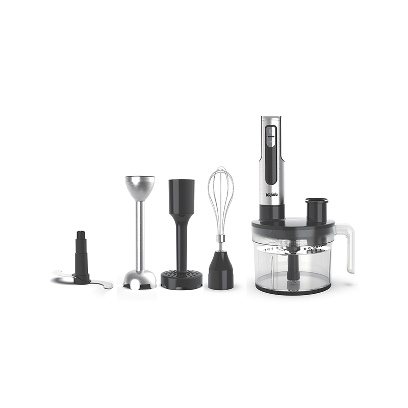 HB855BCEF rostfritt stål multifunktionssnabb 1000W stavmixersats, med matberedare, hackare, skivare, rivningsvisp, bägare, mosare
